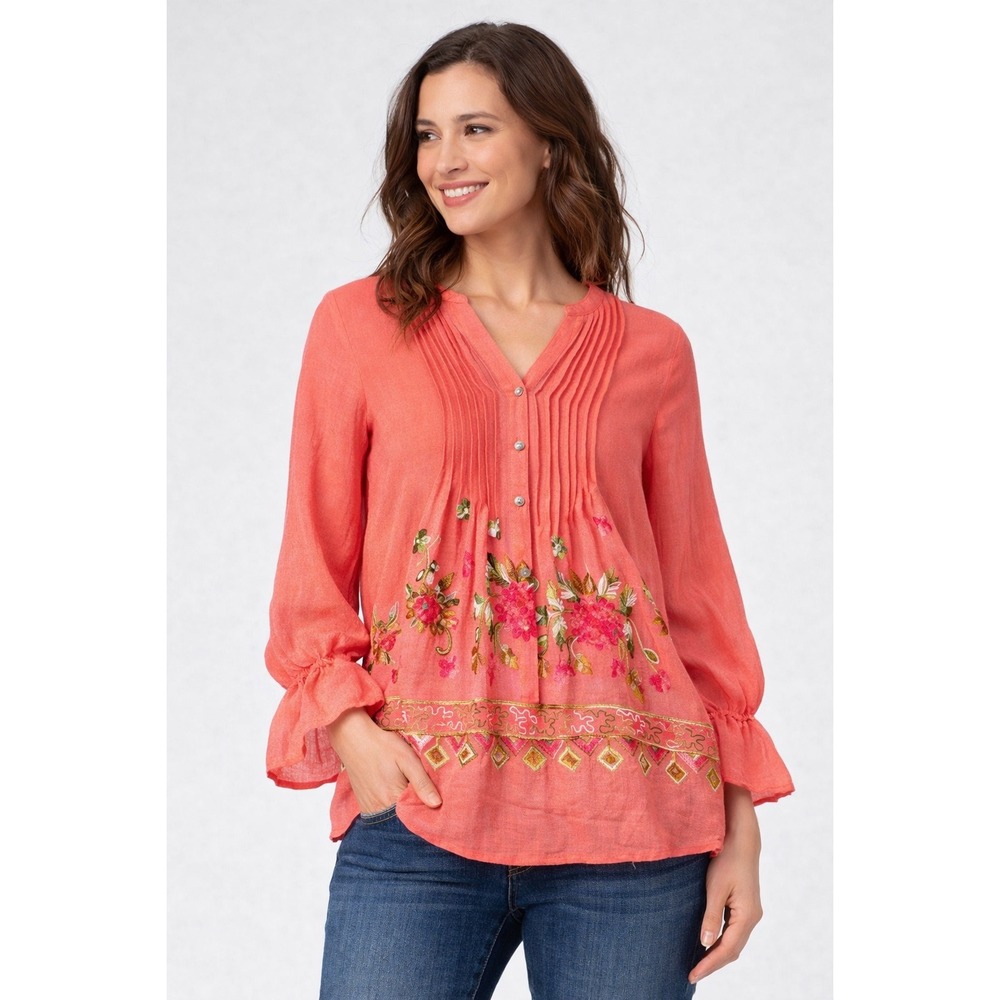 Hope Springs Top Coral Floral Embroidered Peasant Blouse XL Boho Ruffle Festival